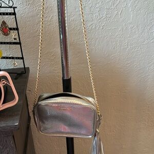 VICTORIAS SECRET SILVER ZIPPERED BAG WITH GOLD CROSSBODY CHAIN BNWT